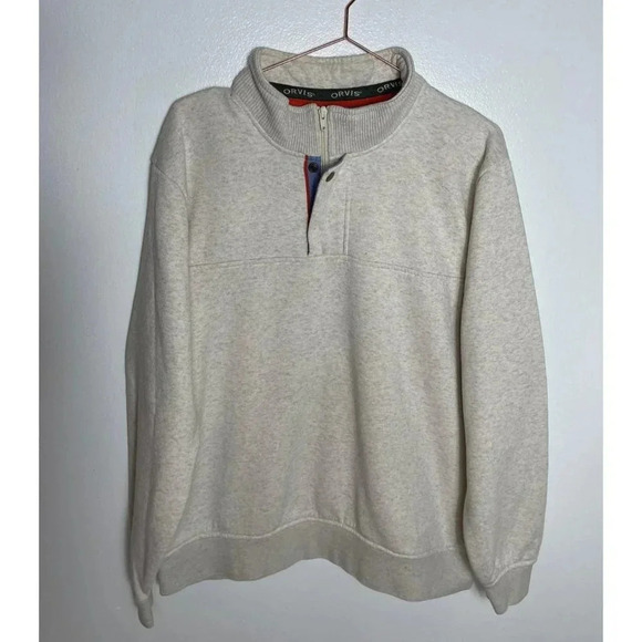 Orvis Mens Long Sleeve Pullover Mock Neck 1/4 Zip Snap Sweatshirt Beige Sz L/G - Picture 1 of 11